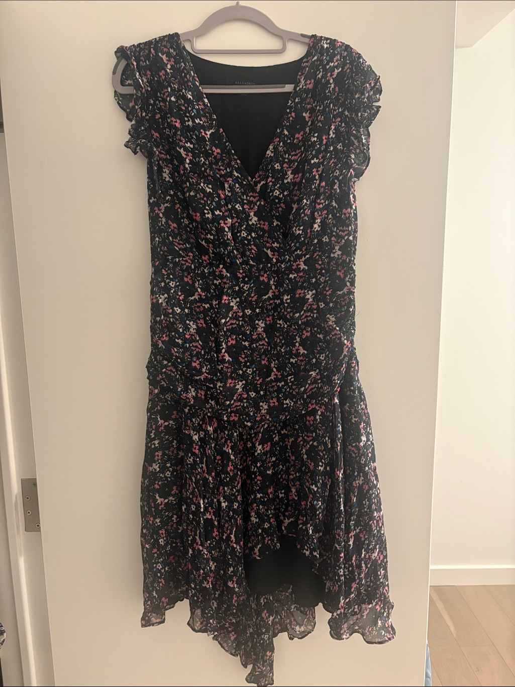 All Saints Black High-Low Floral Dress With Pink & Blue Accents